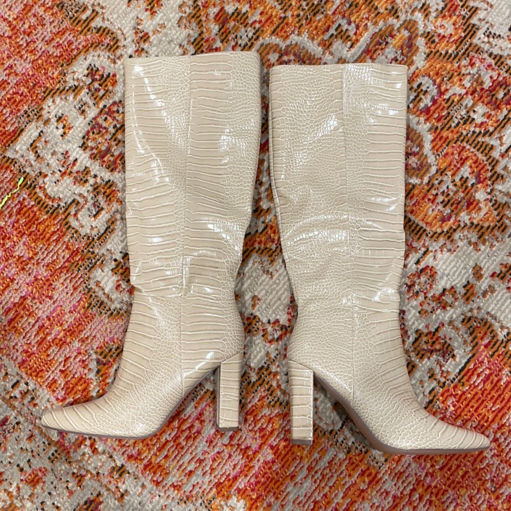 Lulus faux cream snakeskin boots